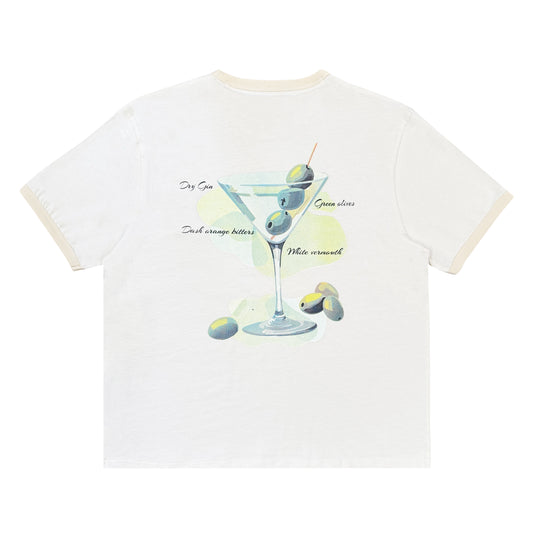White t-shirt with a cocktail graphic and text on a white background
