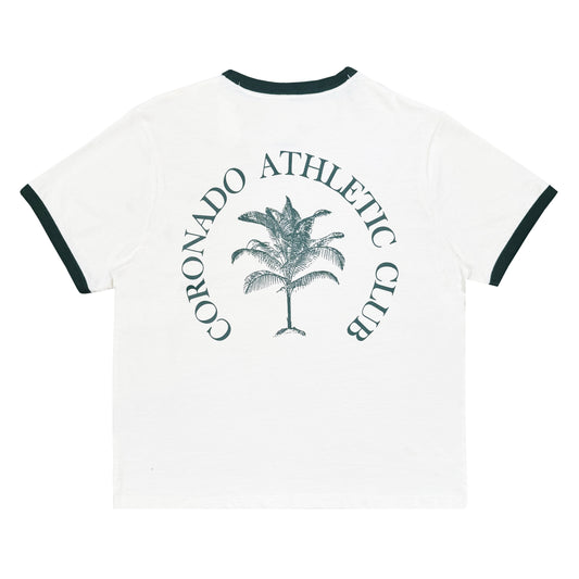 White t-shirt with 'Coronado Athletic Club' palm tree design on a white background