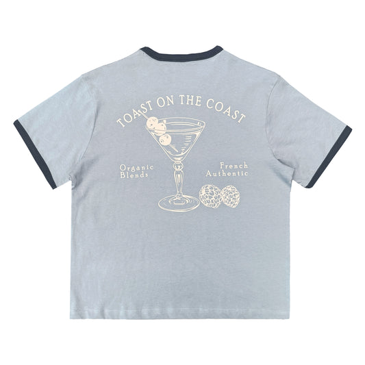 Light grey t-shirt with a graphic of a martini glass and text on a white background