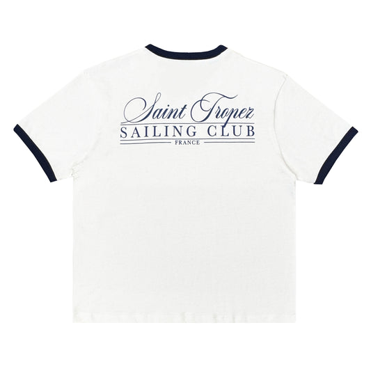 White t-shirt with 'Saint Tropez Sailing Club France' text on a white background